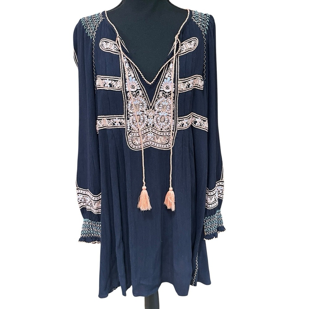 Free People Women's Large Wind Willow Embroidered Boho Dress Black Festival